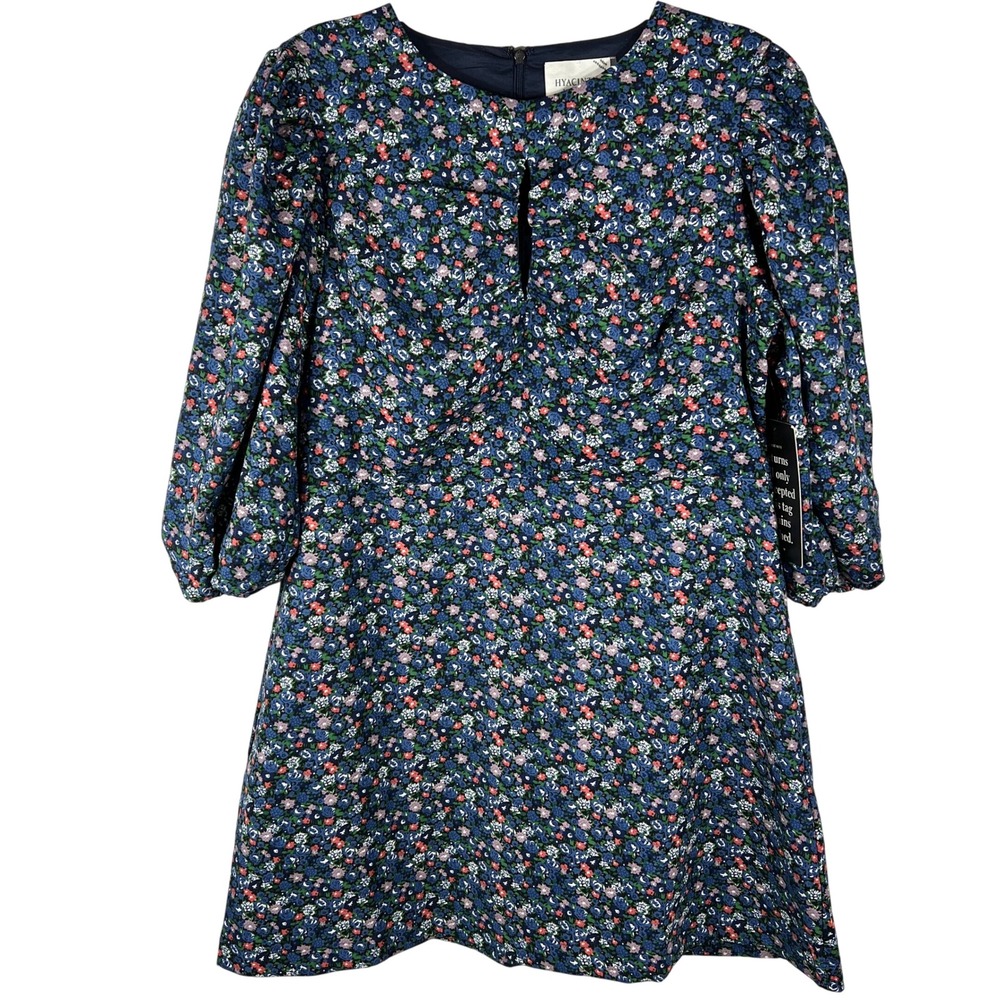 Hyacinth House Mini Dress XL Blue Multi Floral Keyhole Puff Sleeve NEW!